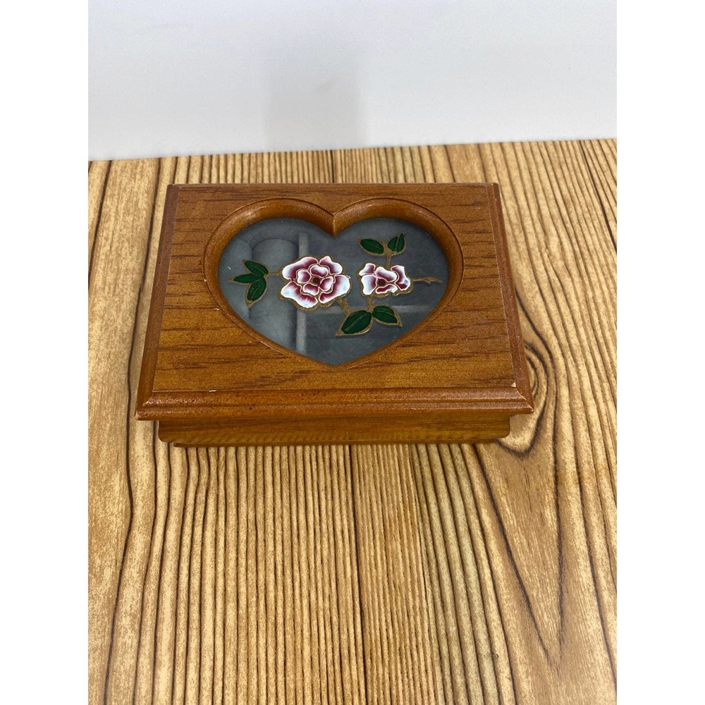 Vintage Jewelry Box Wood Stained Glass Lid Roses